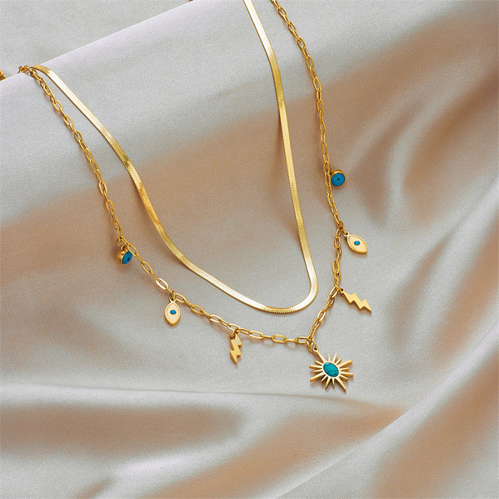 Vintage Style Classic Style Eye Lightning Stainless Steel Enamel Plating Inlay Turquoise 18K Gold Plated Layered Necklaces