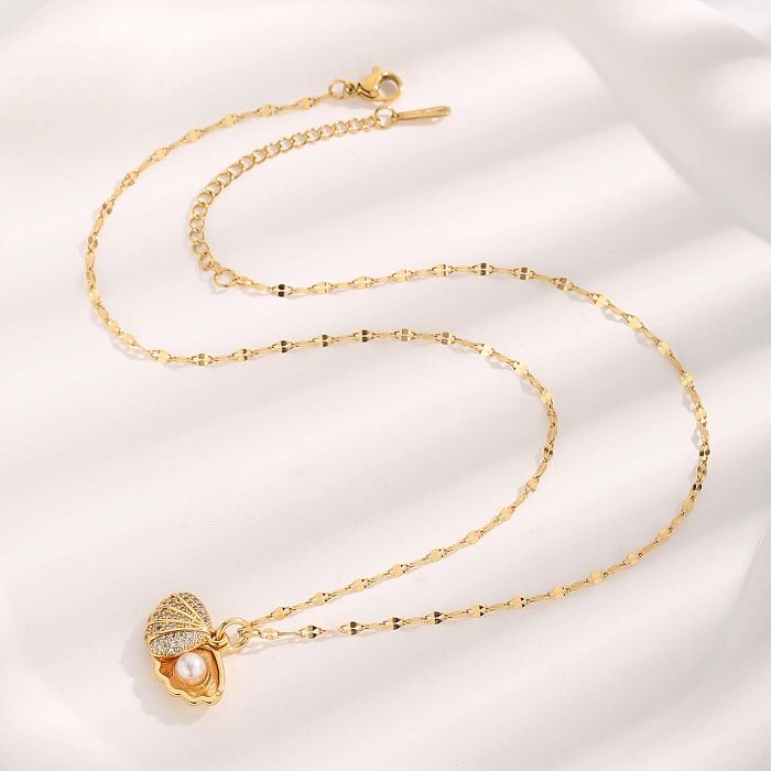 Elegant Glam Hawaiian Star Butterfly Shell Resin Stainless Steel Plating Inlay Resin Pearl Zircon Gold Plated Pendant Necklace
