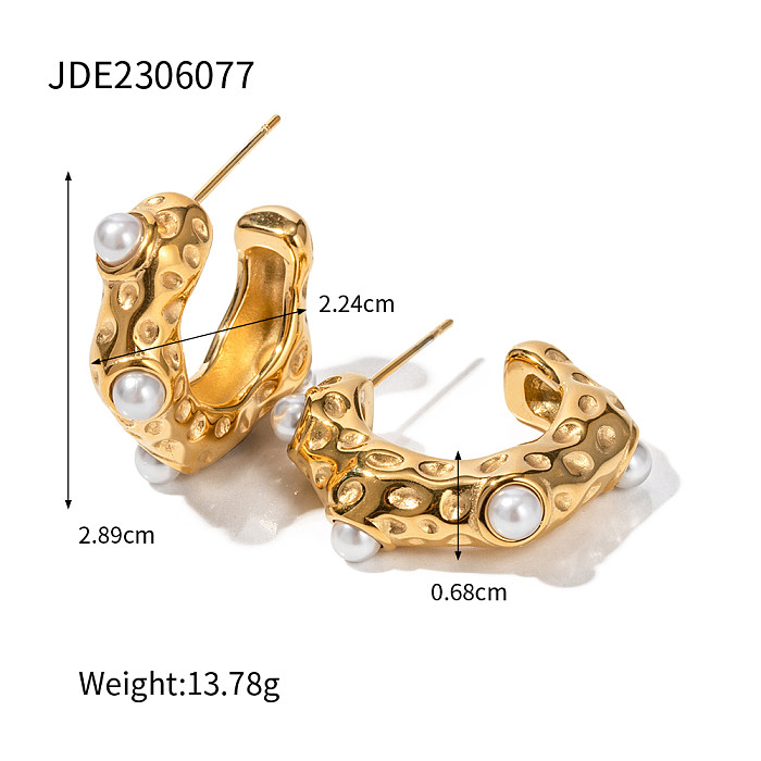 1 par IG estilo C forma incrustação de pérolas artificiais de aço inoxidável brincos banhados a ouro 18K