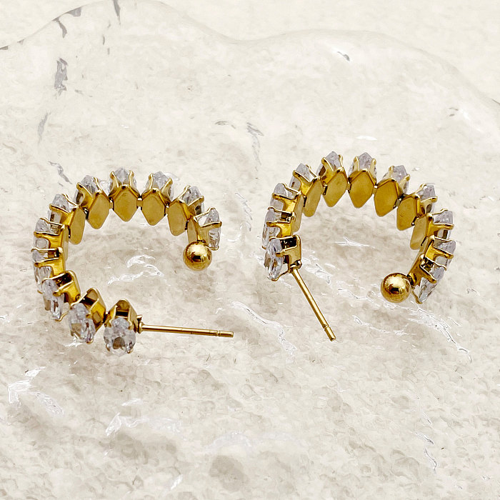 1 Pair Elegant C Shape Plating Inlay Stainless Steel  Zircon Gold Plated Earrings