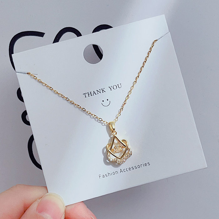 Cute Simple Style Heart Shape Crown Flower Stainless Steel Inlay Rhinestones Pendant Necklace