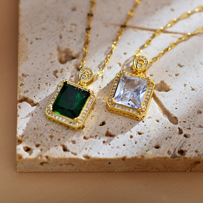 Casual Simple Style Square Stainless Steel Copper Plating Inlay Zircon Pendant Necklace