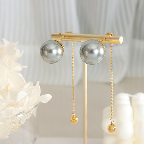 Venta al por mayor, 1 par de pendientes colgantes de perlas artificiales chapados en oro de 18K de acero inoxidable con borla redonda elegante