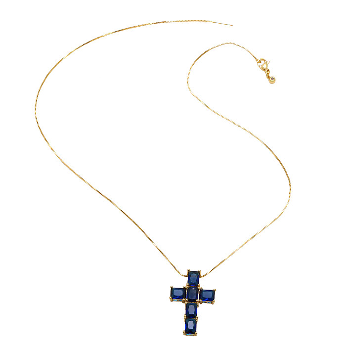 Einfache Retro-Stil-Kreuz-Anhänger-Halskette aus Edelstahl mit Kupferbeschichtung und Inlay aus Zirkon 18 Karat vergoldet