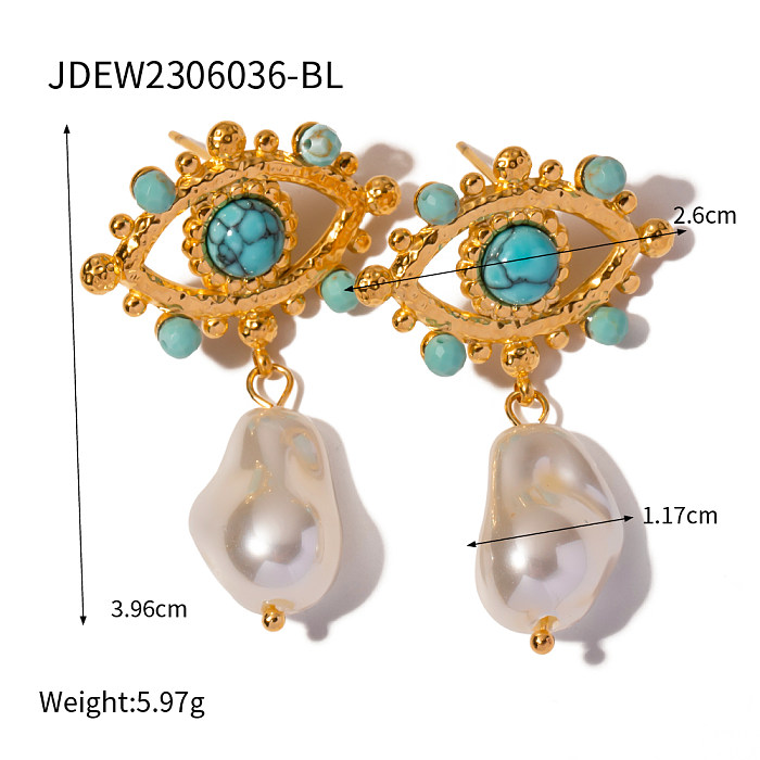 1 par de pendientes colgantes chapados en oro de 18 quilates con incrustaciones de ojo de diablo de estilo simple y perlas de acero inoxidable