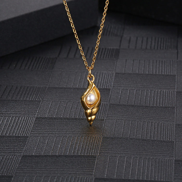 Collier pendentif en acier inoxydable conque à la mode, colliers en acier inoxydable avec perles plaquées