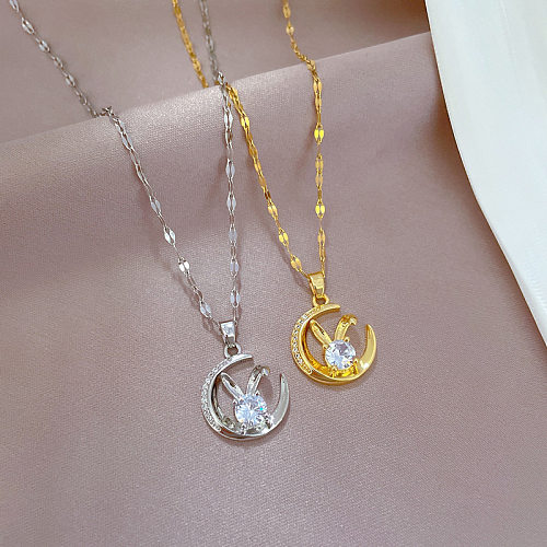 Classic Style Moon Stainless Steel  Copper Inlay Artificial Gemstones Pendant Necklace