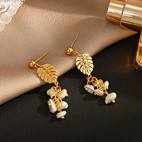 Pendientes colgantes de perlas artificiales con incrustaciones de acero inoxidable con forma de hoja elegante, 1 par
