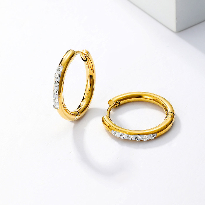 Venta al por mayor, 1 par de pendientes de aro con diamantes de imitación chapados en oro de 18K de acero inoxidable circulares de estilo fresco