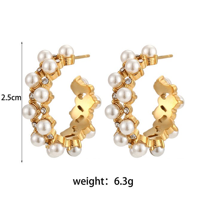 Elegant C Shape Stainless Steel  Earrings Inlay Artificial Pearls Zircon Stainless Steel  Earrings