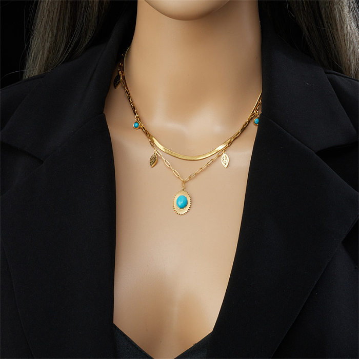 Vintage Style Leaves Stainless Steel Plating Hollow Out Inlay Turquoise 18K Gold Plated Layered Necklaces