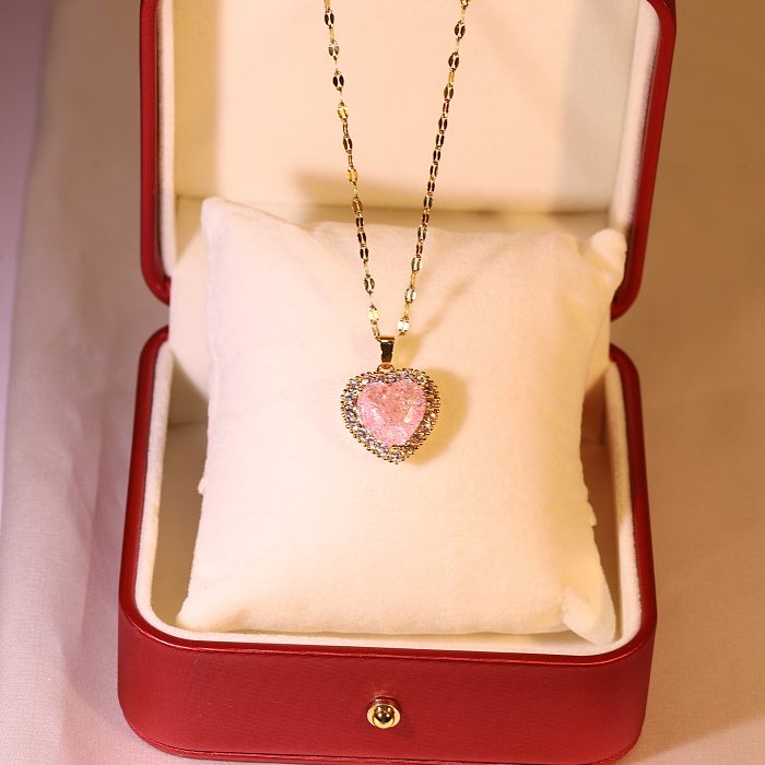 Retro Heart Shape Stainless Steel Inlaid Zircon Necklace 1 Piece