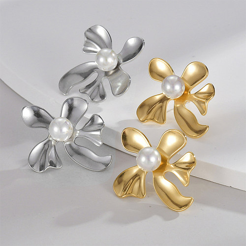 1 paire de clous d'oreilles plaqués or 18 carats, incrustation de fleur de Style moderne de Style IG, incrustation de perles en acier inoxydable