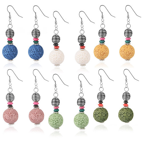 1 Paar Ethno-Stil einfarbige Perlen-Edelstahl-Holzperlen-Vulkangestein-Tropfenohrringe
