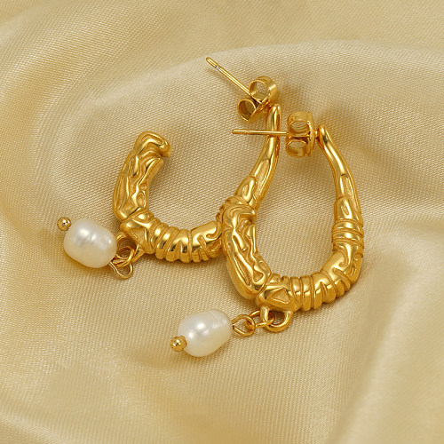 1 par de pendientes colgantes chapados en oro de 18 quilates de acero inoxidable chapado en perlas de Color sólido en forma de U de estilo vintage