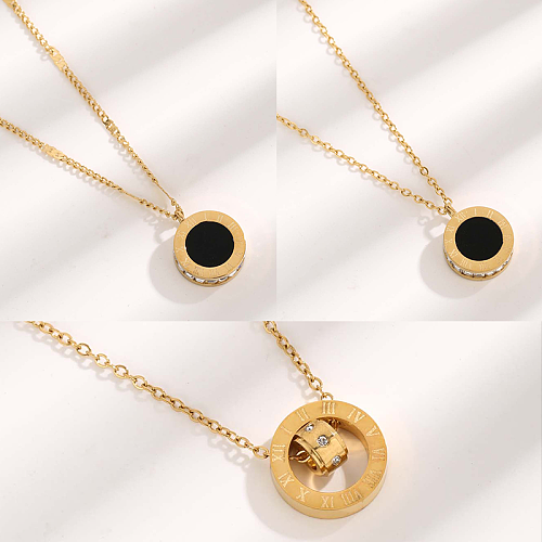 Glam Roman Style Solid Color Roman Numeral Resin Stainless Steel Plating Inlay Zircon Gold Plated Pendant Necklace