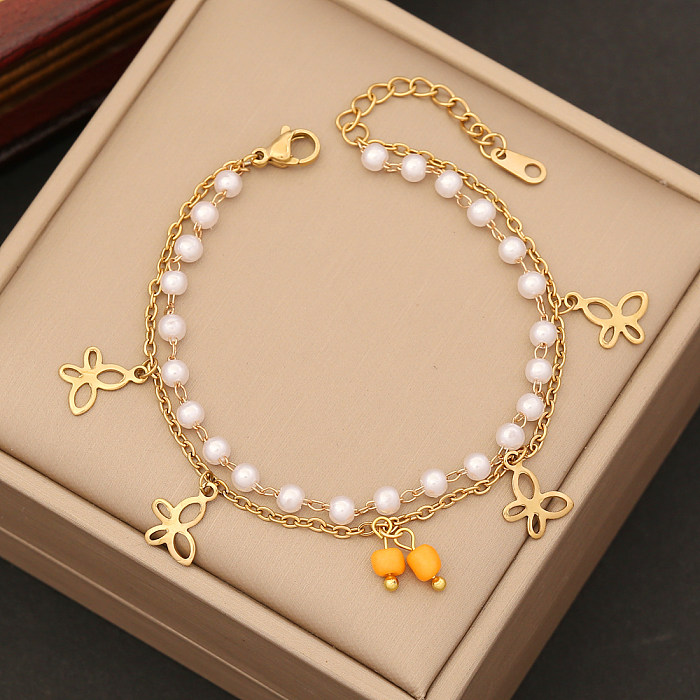 Simple Style Commute Cross Four Leaf Clover Flower Stainless Steel Artificial Pearl Beaded Layered Plating Bracelets