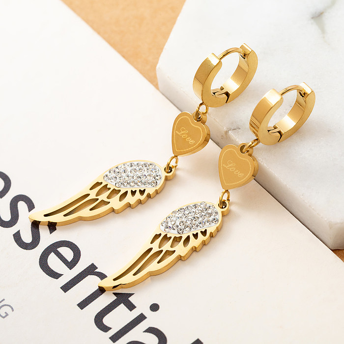 Fashion Circle Wings Stainless Steel Polishing Gold Plated Inlay Zircon Drop Earrings 1 Pair