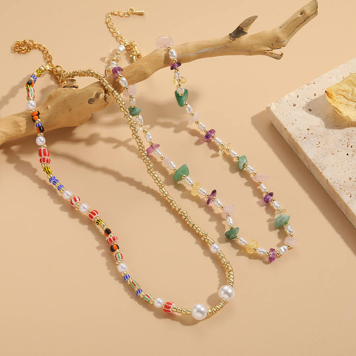Élégant luxueux style classique irrégulier coloré imitation perle pierre naturelle placage en acier inoxydable collier plaqué or 14 carats