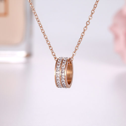 Lady Circle Stainless Steel  Plating Inlay Rhinestones Rose Gold Plated Pendant Necklace