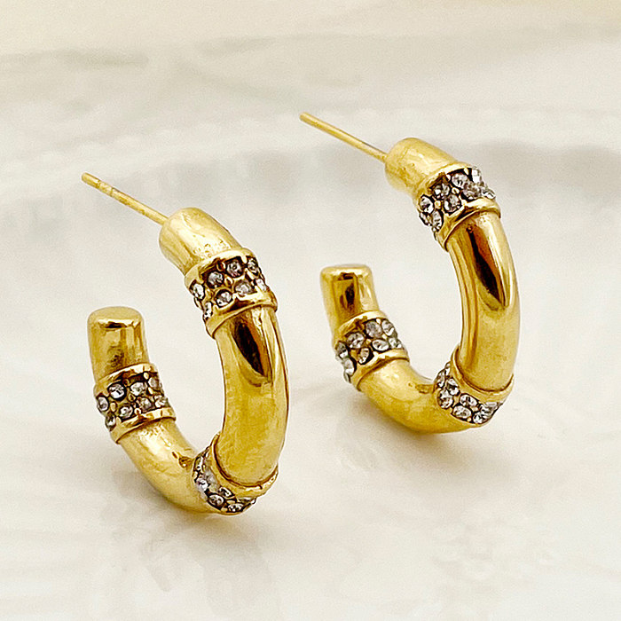 1 Paar einfache C-förmige Überzug-Inlay-Ohrringe aus Edelstahl mit Zirkon und vergoldet