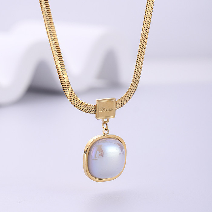Vintage Style Square Stainless Steel  Plating Inlay Pearl 18K Gold Plated Pendant Necklace