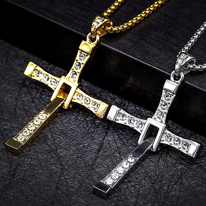 Collier pendentif en acier inoxydable avec croix et diamant, bijoux à la mode, vente en gros