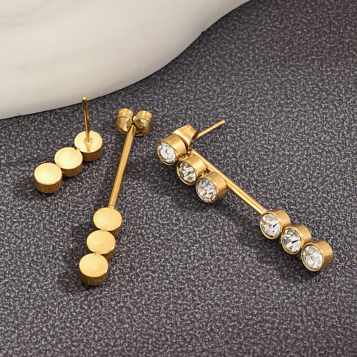 1 par de brincos redondos elegantes revestidos de aço inoxidável com strass artificiais banhados a ouro 14K