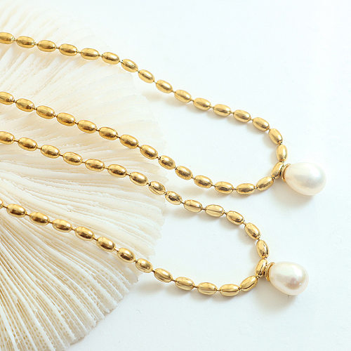 Fashion Solid Color Stainless Steel Necklace Inlay Artificial Pearls Stainless Steel  Necklaces