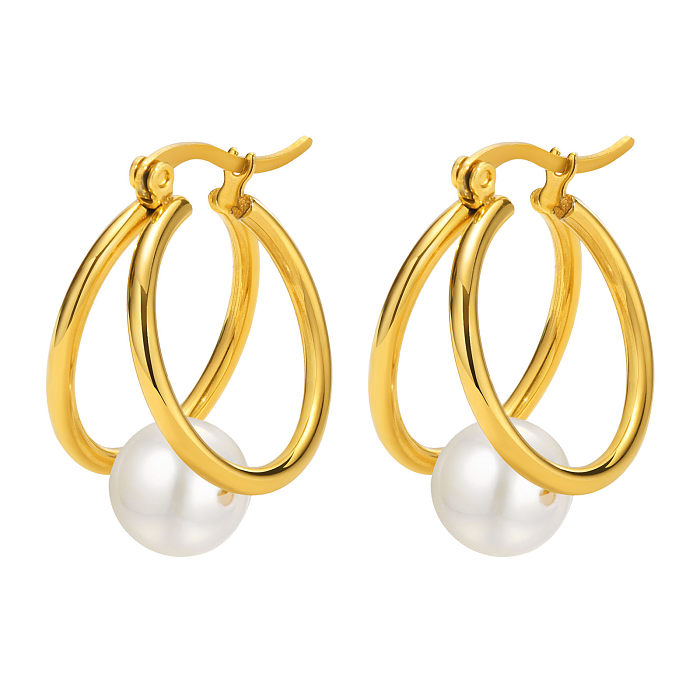 1 par de elegantes pendientes chapados en oro de 18 quilates con incrustaciones circulares de acero inoxidable y perlas de estilo francés