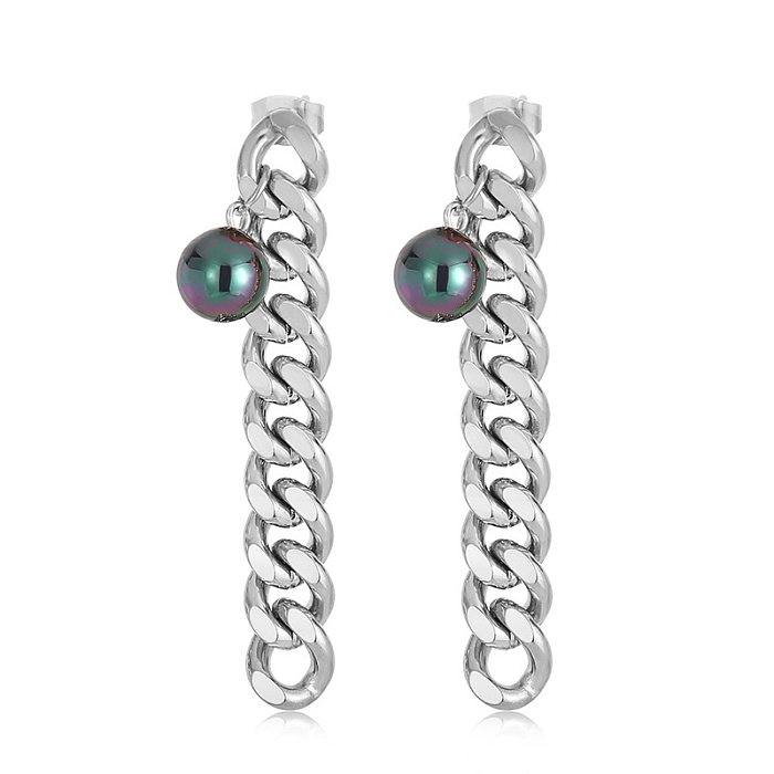 New Fashion Women's Simple Chain Long Hanging Pearl Multicolor Earrings Stainless Steel