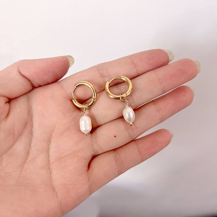 Fashion Round Stainless Steel  Pearl Plating Drop Earrings 1 Pair
