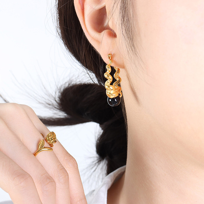 Boucles d'oreilles rétro à rayures spirales, 1 paire, placage en acier inoxydable, incrustation de perles de verre, plaqué or 18 carats