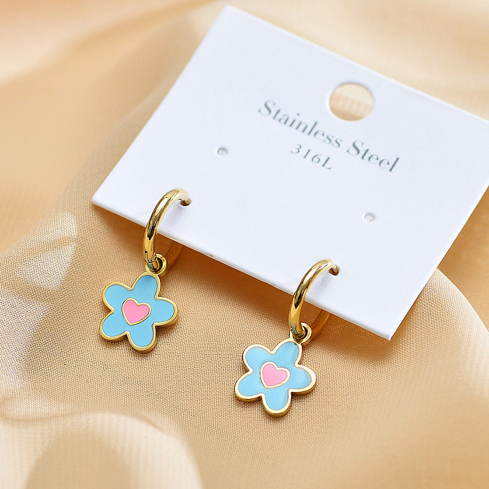 1 Pair Sweet Heart Shape Flower Enamel Plating Stainless Steel  Gold Plated Drop Earrings