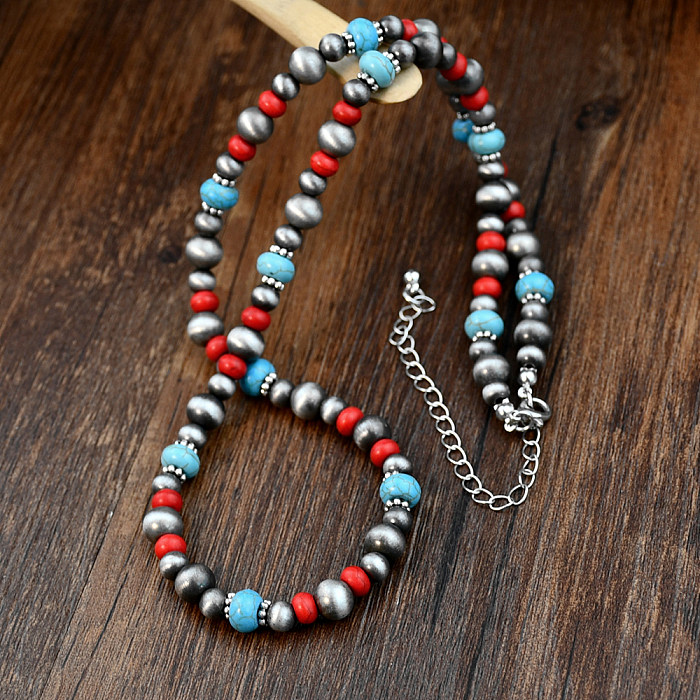 Vintage Style Handmade Ethnic Style Color Block Stainless Steel  Alloy Plastic Beaded Handmade Silver Plated Necklace