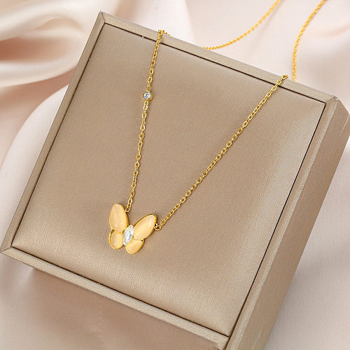Elegant Sweet Butterfly Stainless Steel  Plating Inlay Opal Zircon 18K Gold Plated Necklace