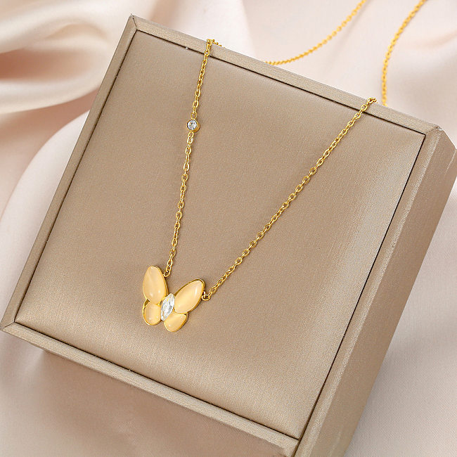 Elegante, süße Schmetterlings-Halskette mit Edelstahlbeschichtung und Opal-Zirkon-Inlay, 18 Karat vergoldet