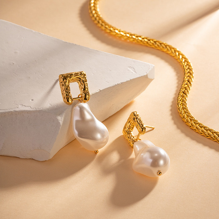 Pendientes colgantes de perlas artificiales, chapados en acero inoxidable, geométricos, retro, 1 par