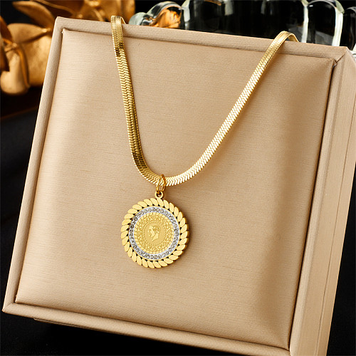 Vintage Style Round Stainless Steel Plating Inlay Rhinestones 18K Gold Plated Pendant Necklace
