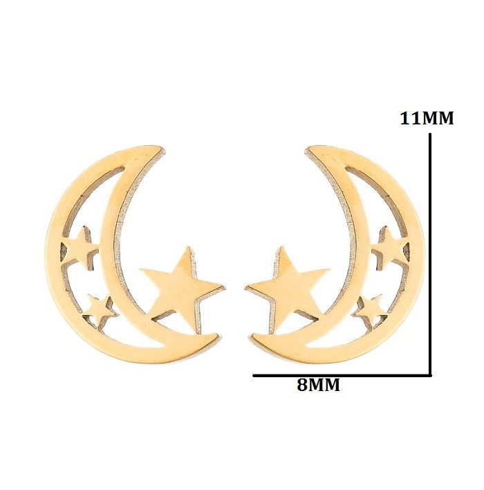 1 paire de clous d'oreilles plaqués en acier inoxydable, étoile et lune, à la mode