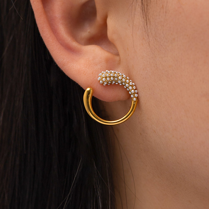 Pendientes geométricos de perlas artificiales con incrustaciones de acero inoxidable a la moda, 1 par