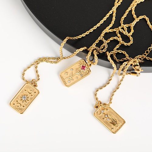Wholesale Retro Flower Stainless Steel  18K Gold Plated Zircon Pendant Necklace