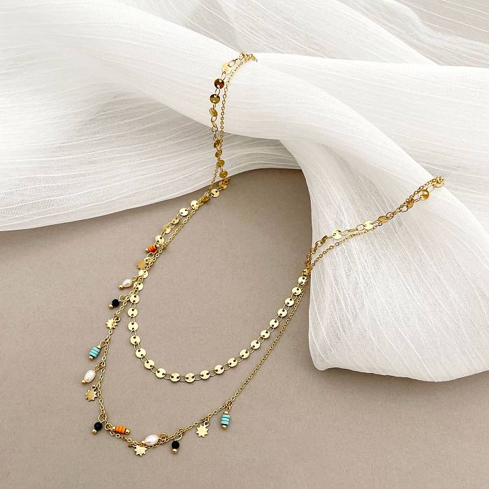 Böhmische geometrische Stern-Halskette aus Edelstahl mit künstlichen Edelsteinen und künstlichen Perlen