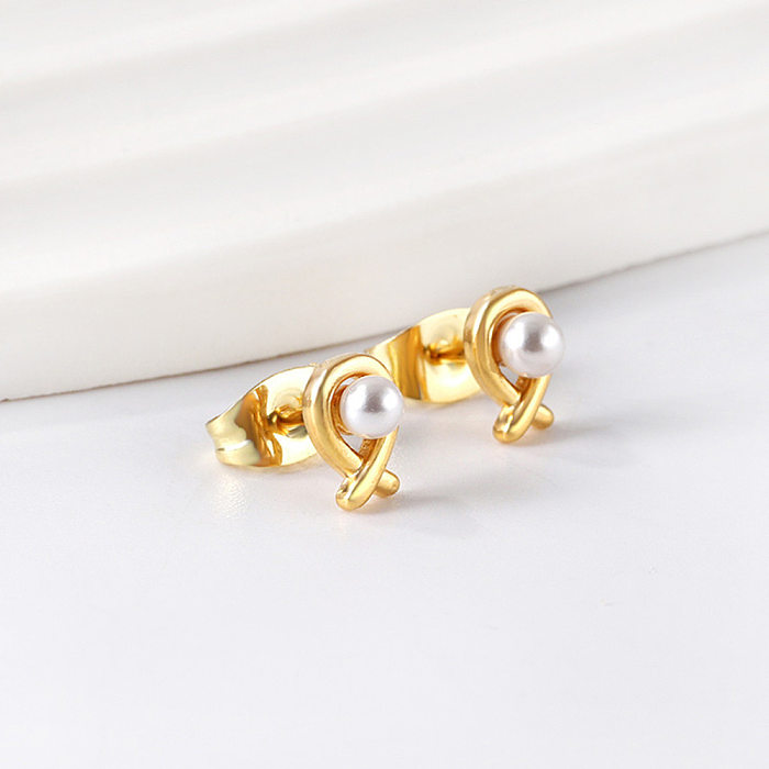 1 par de pendientes de perlas de acero inoxidable con incrustaciones redondas de estilo simple