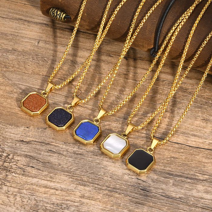 Classic Style Square Stainless Steel  Plating Inlay Natural Stone 18K Gold Plated Pendant Necklace