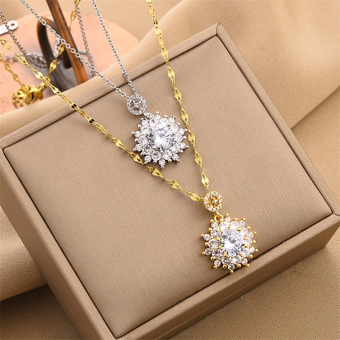 Fashion Flower Stainless Steel Inlay Artificial Crystal Necklace
