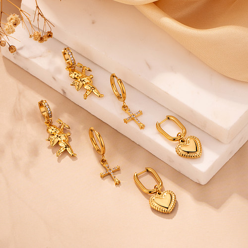1 par de pendientes chapados en oro y acero inoxidable con forma de corazón y cruz de estilo clásico