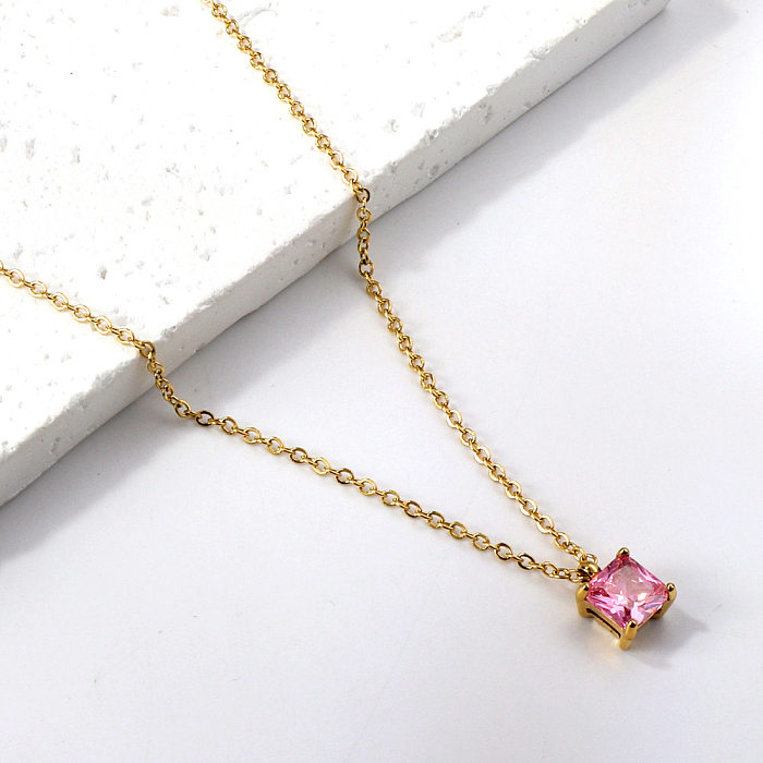 IG Style Square Stainless Steel  Plating Inlay Rhinestones Gold Plated Pendant Necklace