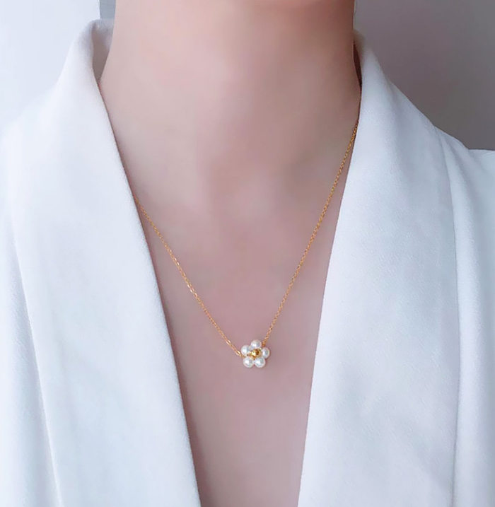 Retro-Blumen-Edelstahl-Anhänger-Halskette, Perlenbeschichtung, künstliche Perlen-Edelstahl-Halsketten