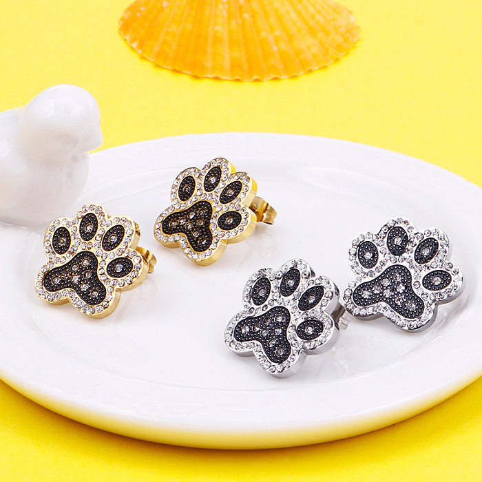 New Foot Diamond Black Girl Cute Earrings Creative Ornament Stainless Steel Full Diamond Cat's Paw Accessories Wholesale